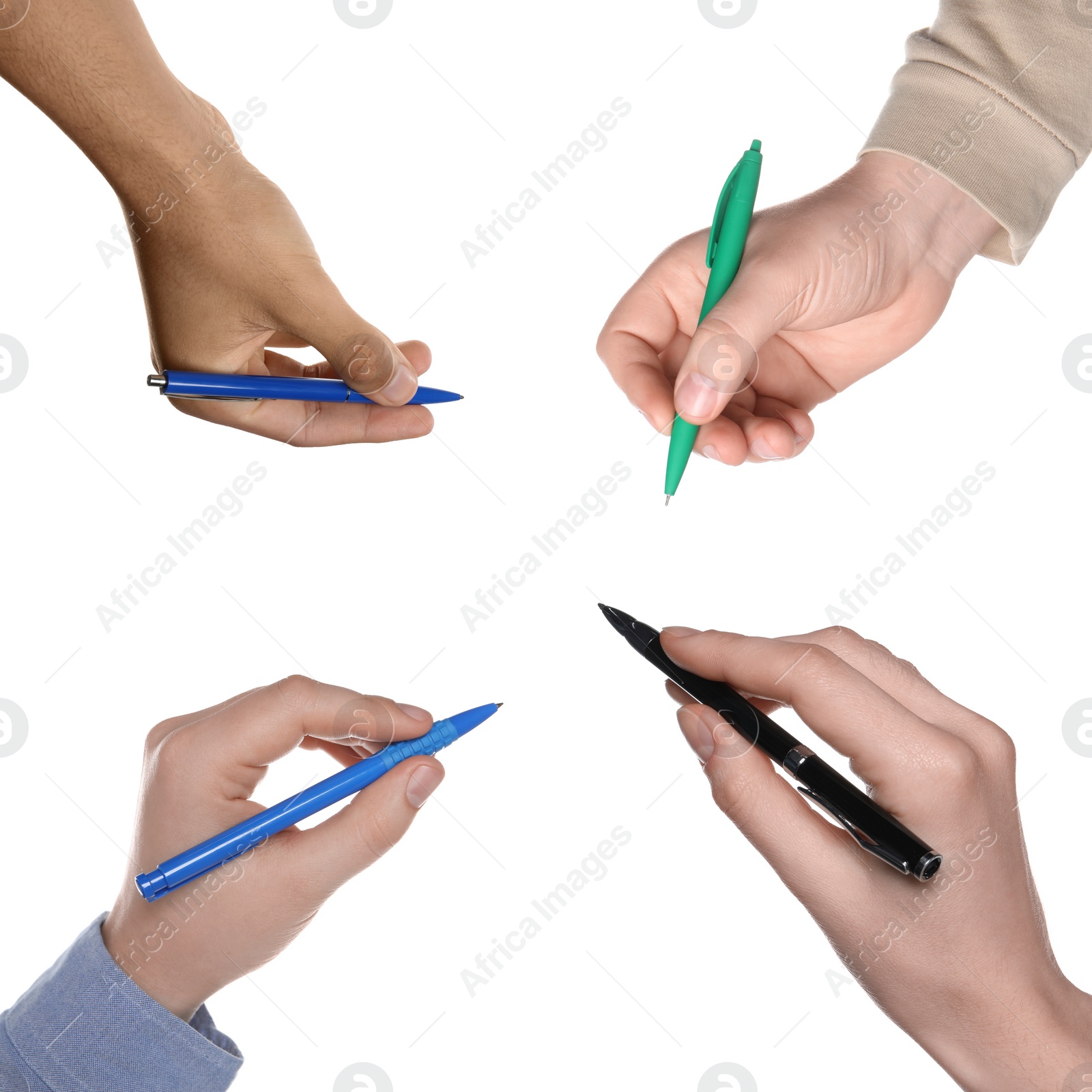 Image of Men and women holding pens on white background, closeup. Collage design