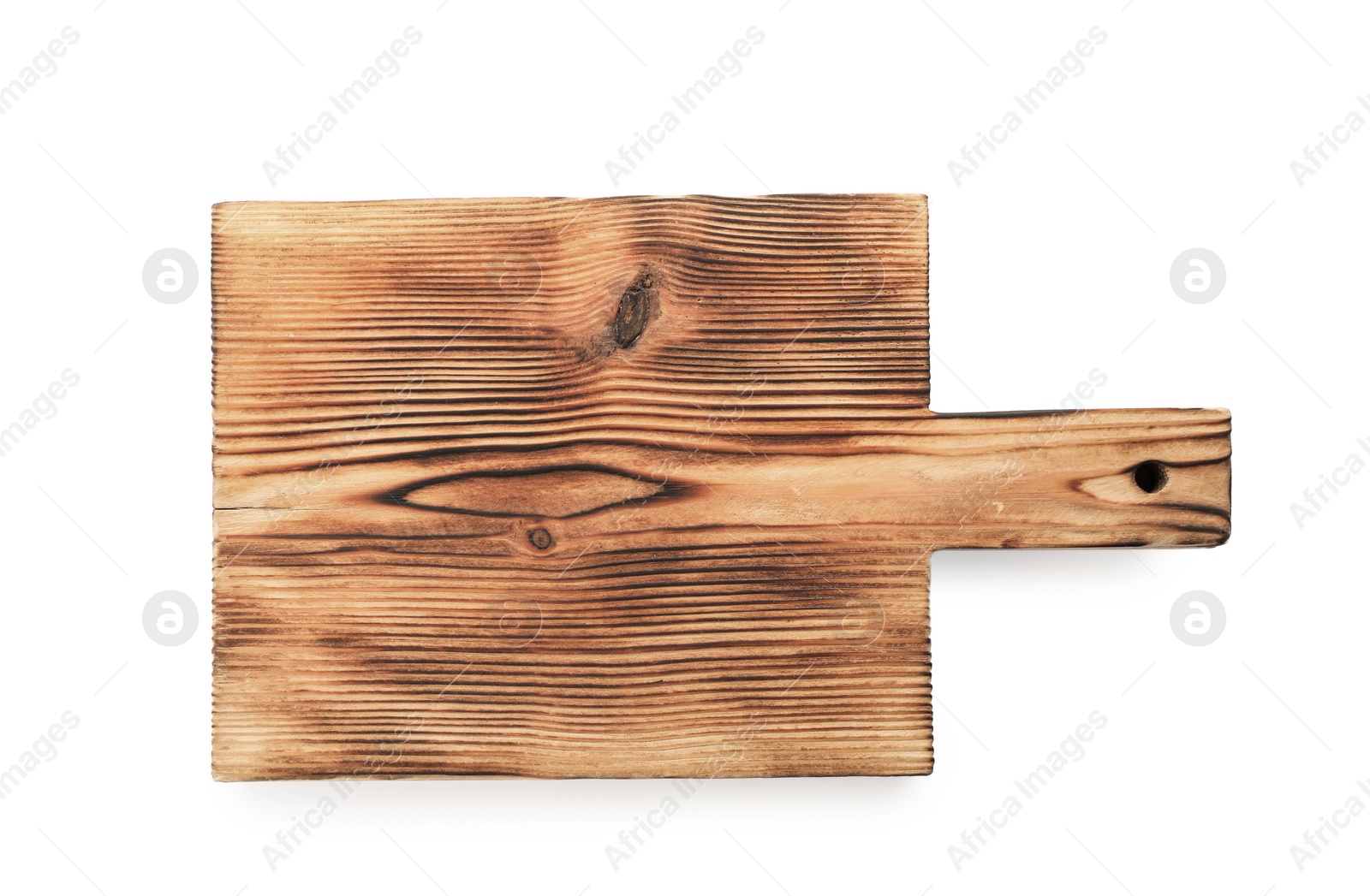 Photo of Wooden board on white background, top view. Kitchen accessory