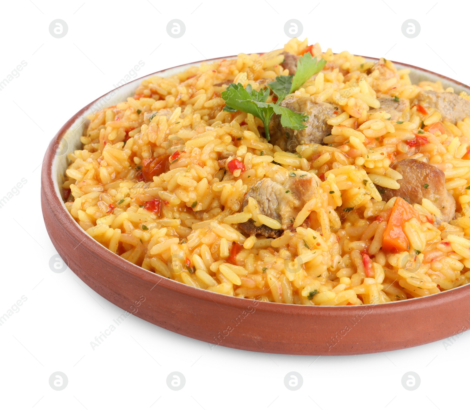 Photo of Delicious pilaf with meat isolated on white