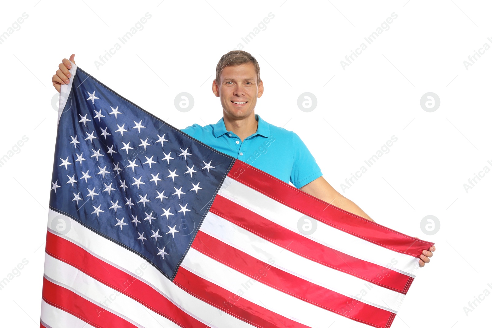 Photo of Portrait of man holding USA flag on white background