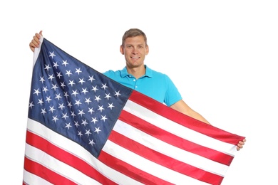 Photo of Portrait of man holding USA flag on white background