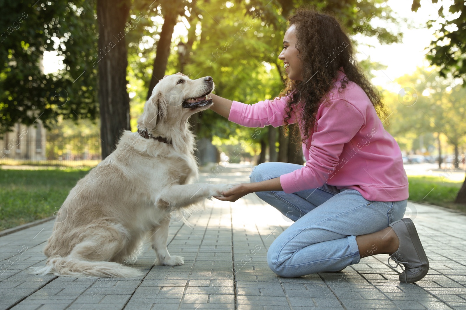 Photo of Young African-American woman and her Golden Retriever dog in park