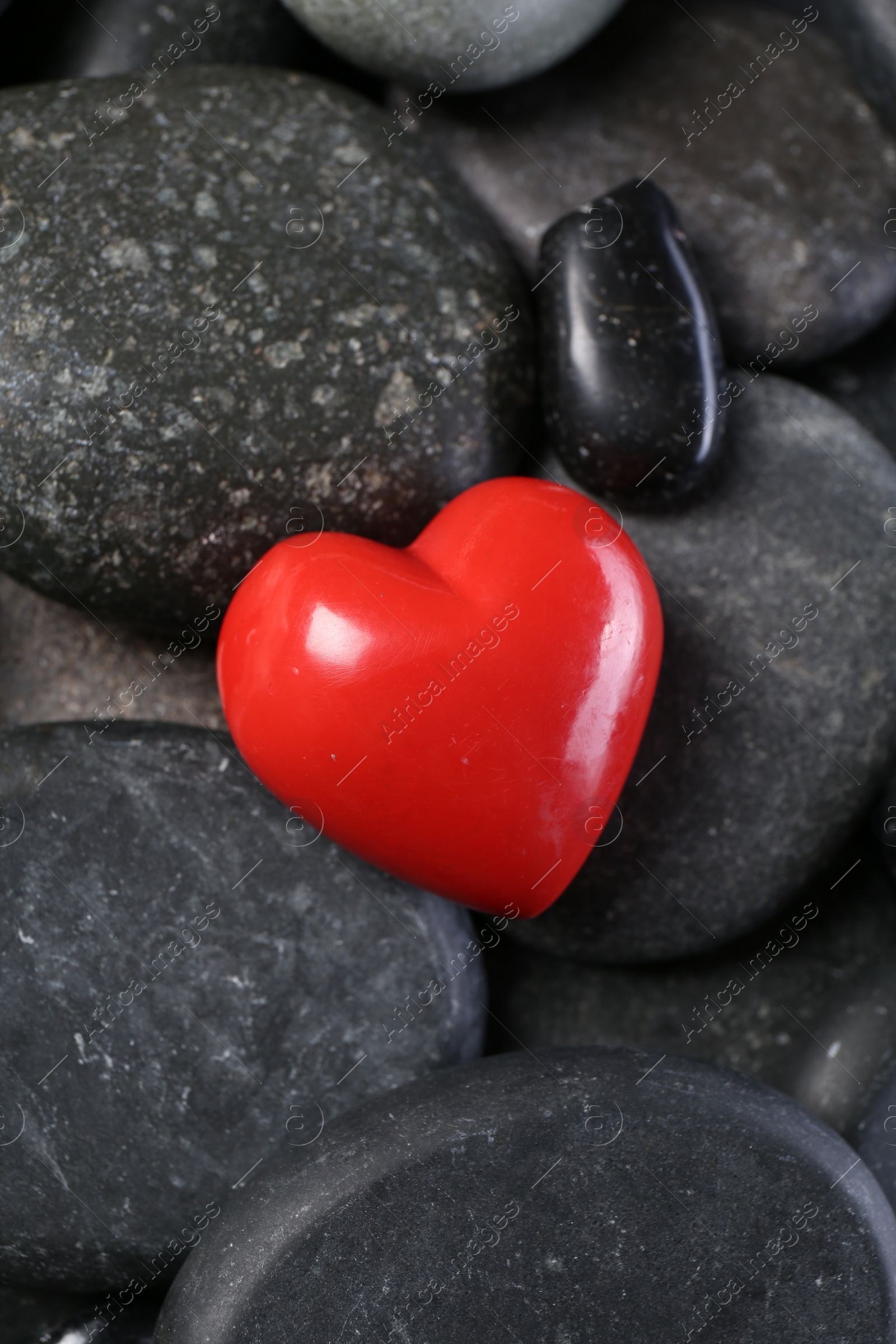 Photo of Red decorative heart on pebble stones, above view