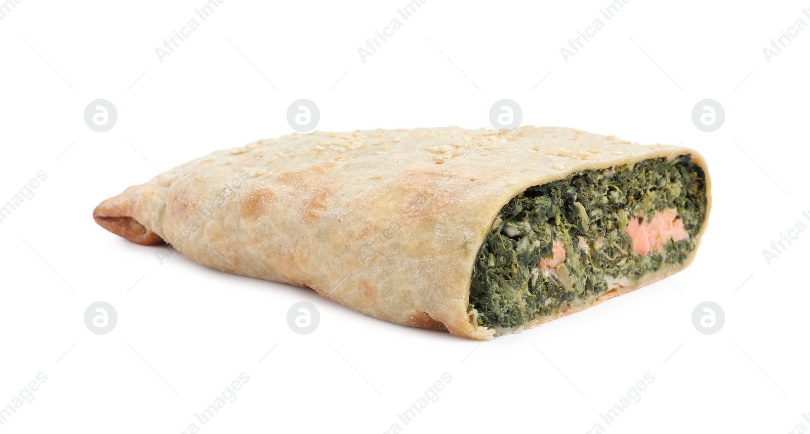 Photo of Delicious strudel with salmon and spinach isolated on white