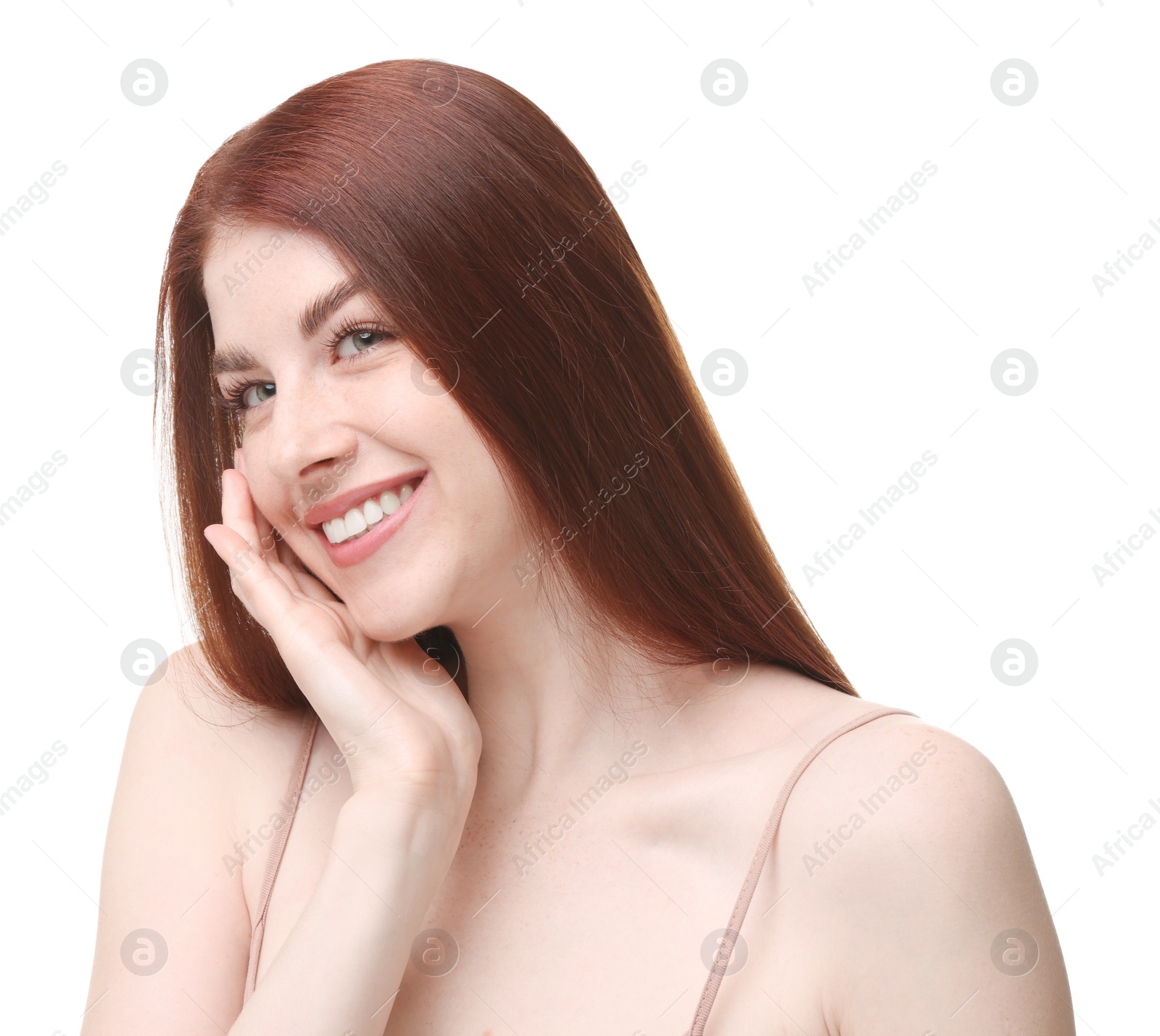 Photo of Portrait of smiling woman on white background