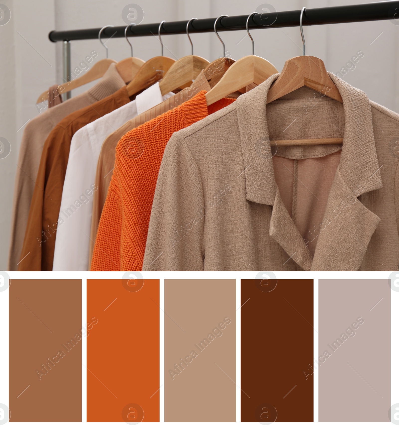 Image of Color palette appropriate to photo of stylish women's clothes on rack in room