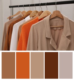 Color palette appropriate to photo of stylish women's clothes on rack in room