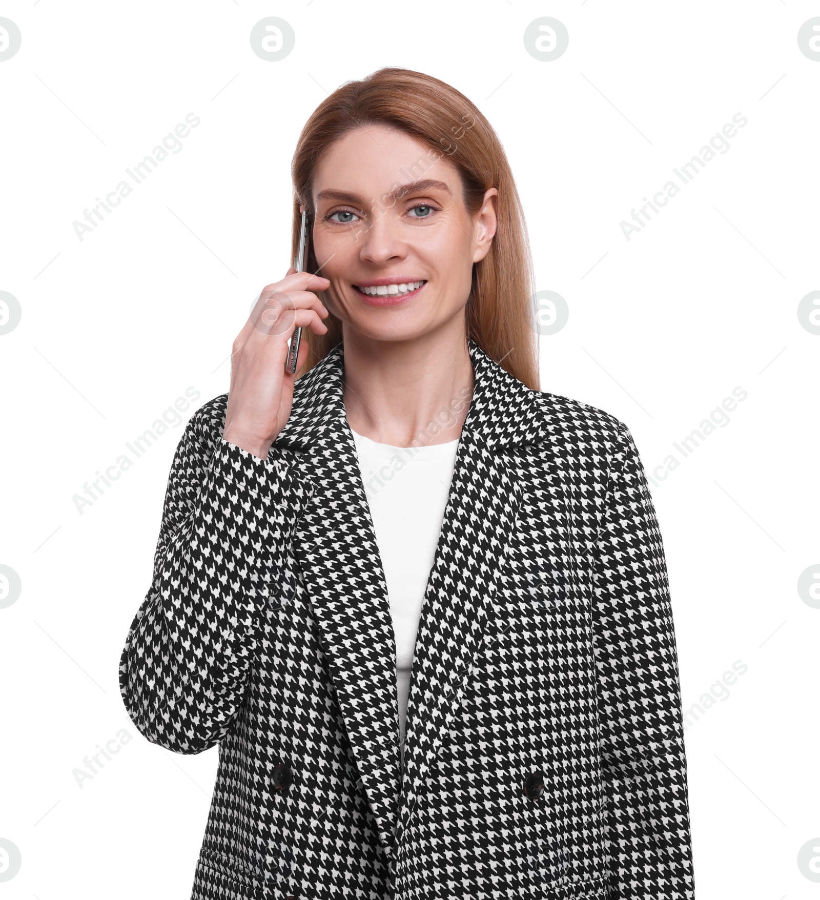 Photo of Beautiful happy businesswoman talking on smartphone against white background