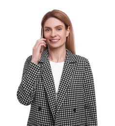 Photo of Beautiful happy businesswoman talking on smartphone against white background