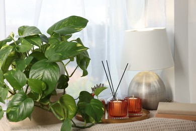 Photo of Aromatic candles, reed diffuser, lamp and plant near window indoors