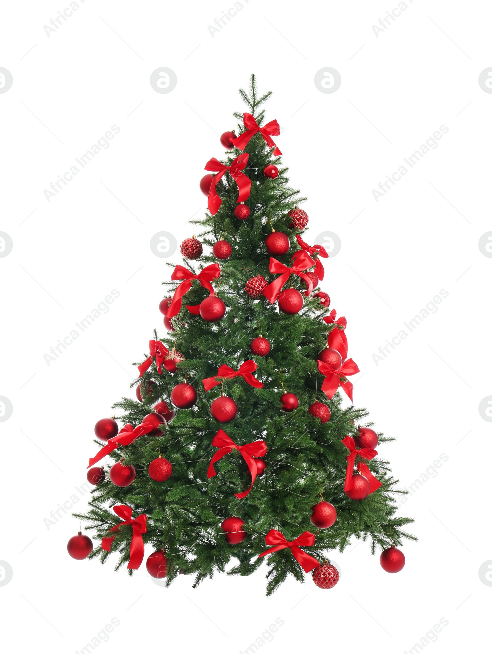 Image of Beautifully decorated Christmas tree on white background