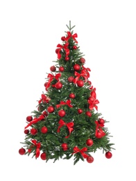 Image of Beautifully decorated Christmas tree on white background
