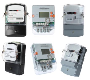 Image of Set of different electricity meters on white background