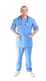 Photo of Full length portrait of medical assistant with stethoscope on white background