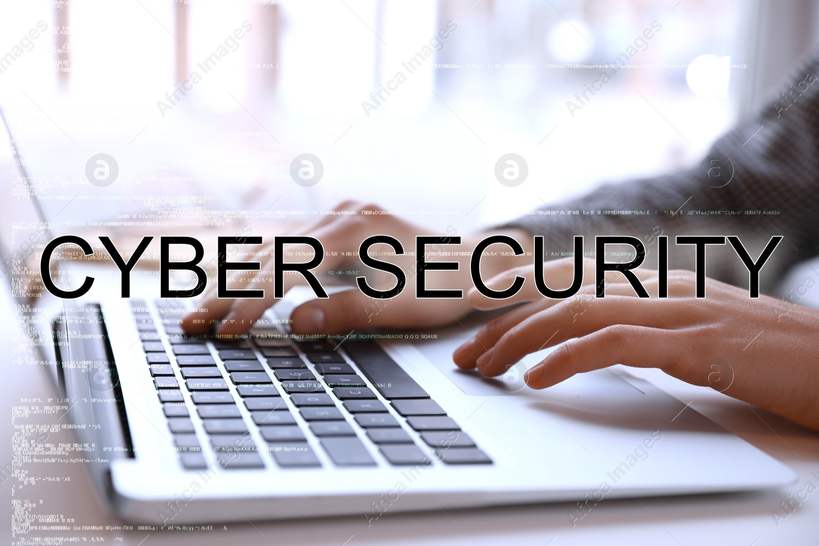 Image of Cyber security concept. Woman working with laptop at table indoors, closeup