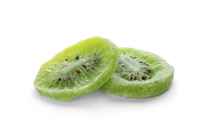 Photo of Slices of kiwi on white background. Dried fruit as healthy food