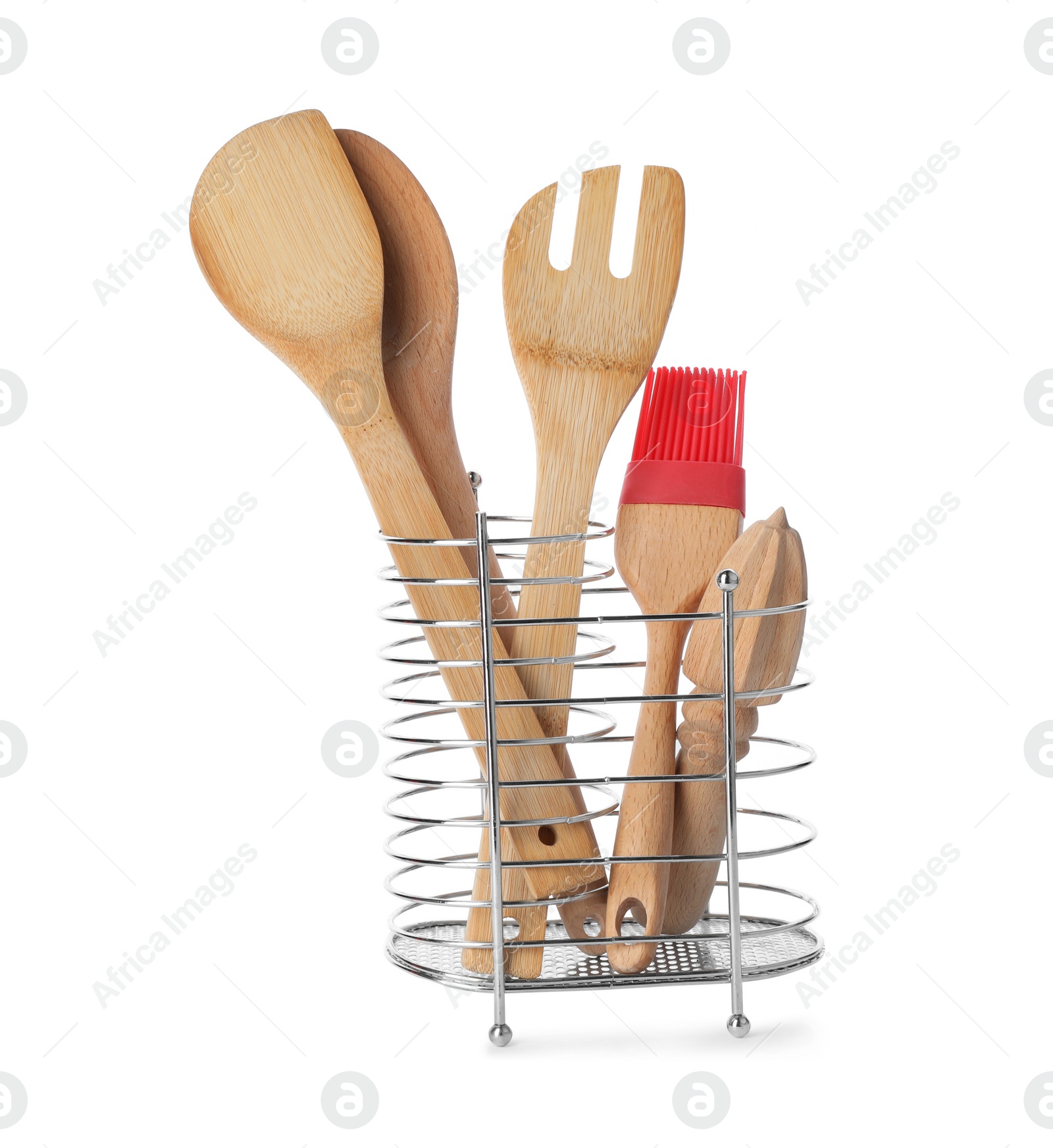 Photo of Kitchen utensils made of bamboo in stand on white background