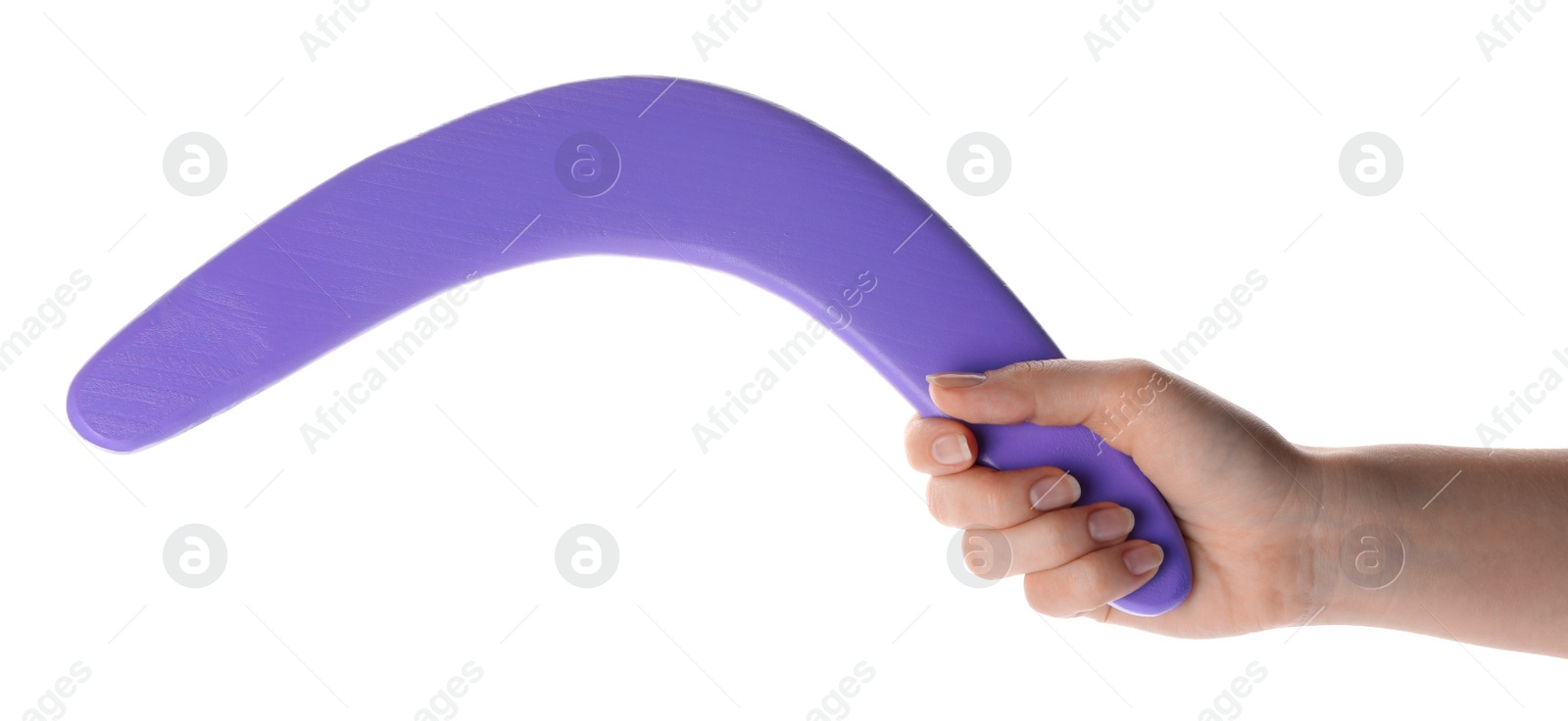 Photo of Woman holding purple boomerang on white background, closeup