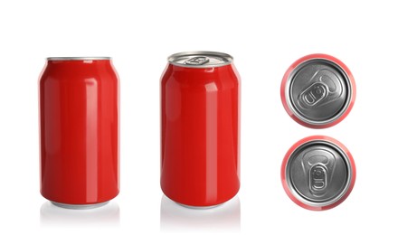 Set with aluminum beverage cans on white background
