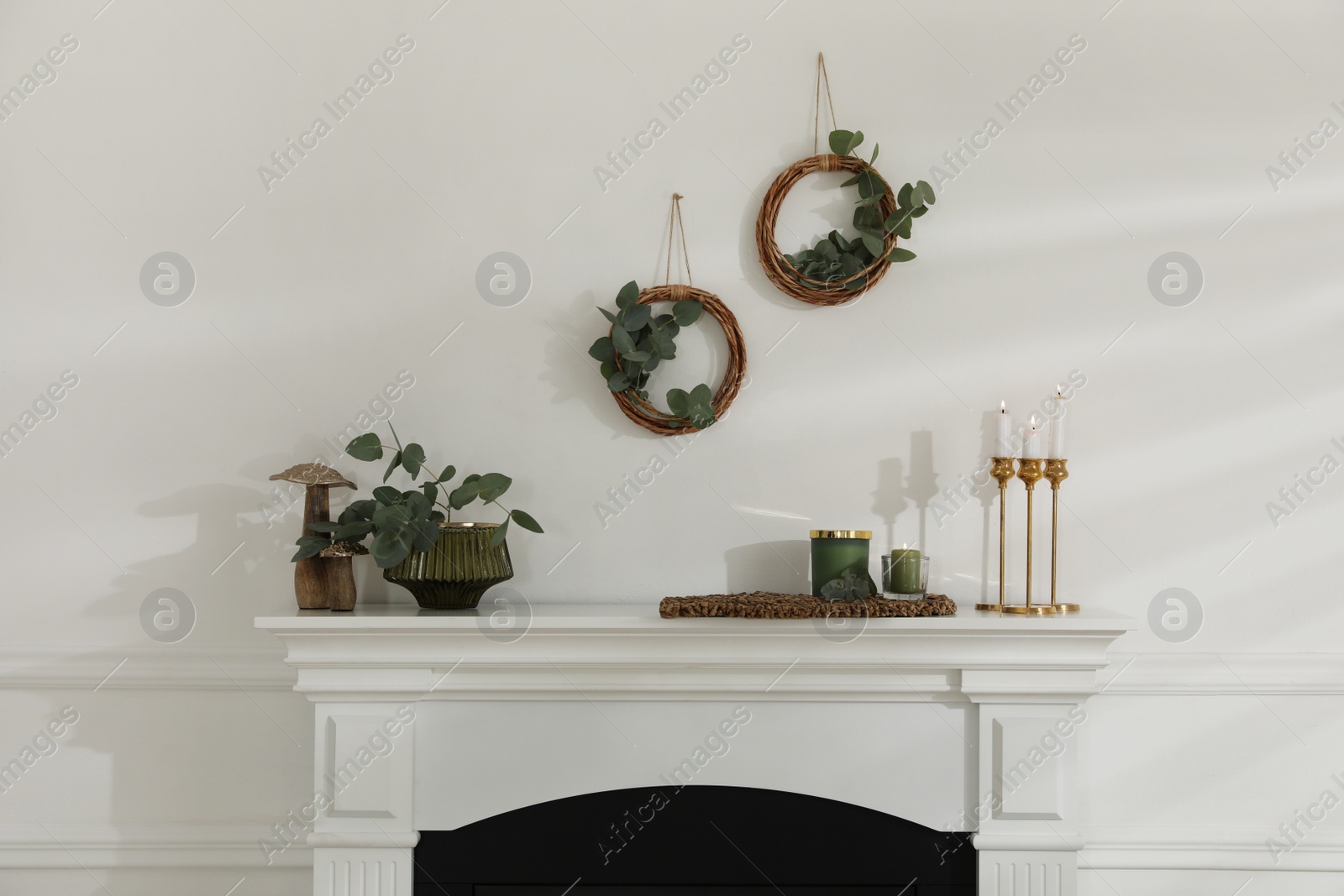 Photo of Stylish room with beautiful fireplace and eucalyptus branches