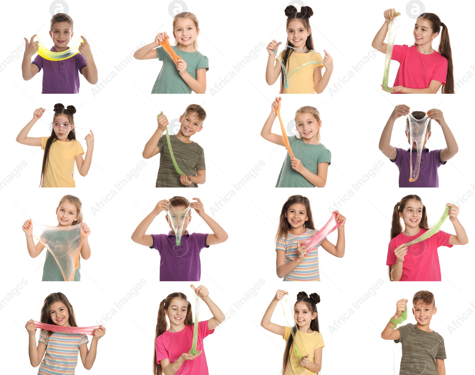 Image of Collage of children with different slimes on white background