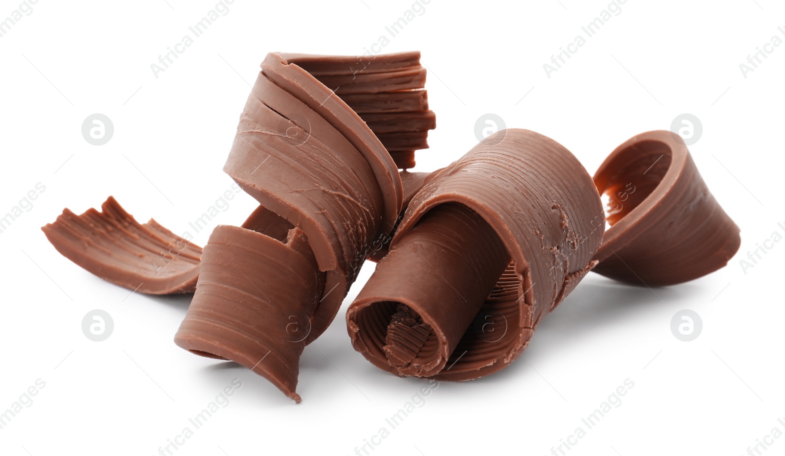 Photo of Yummy chocolate curls for decor on white background