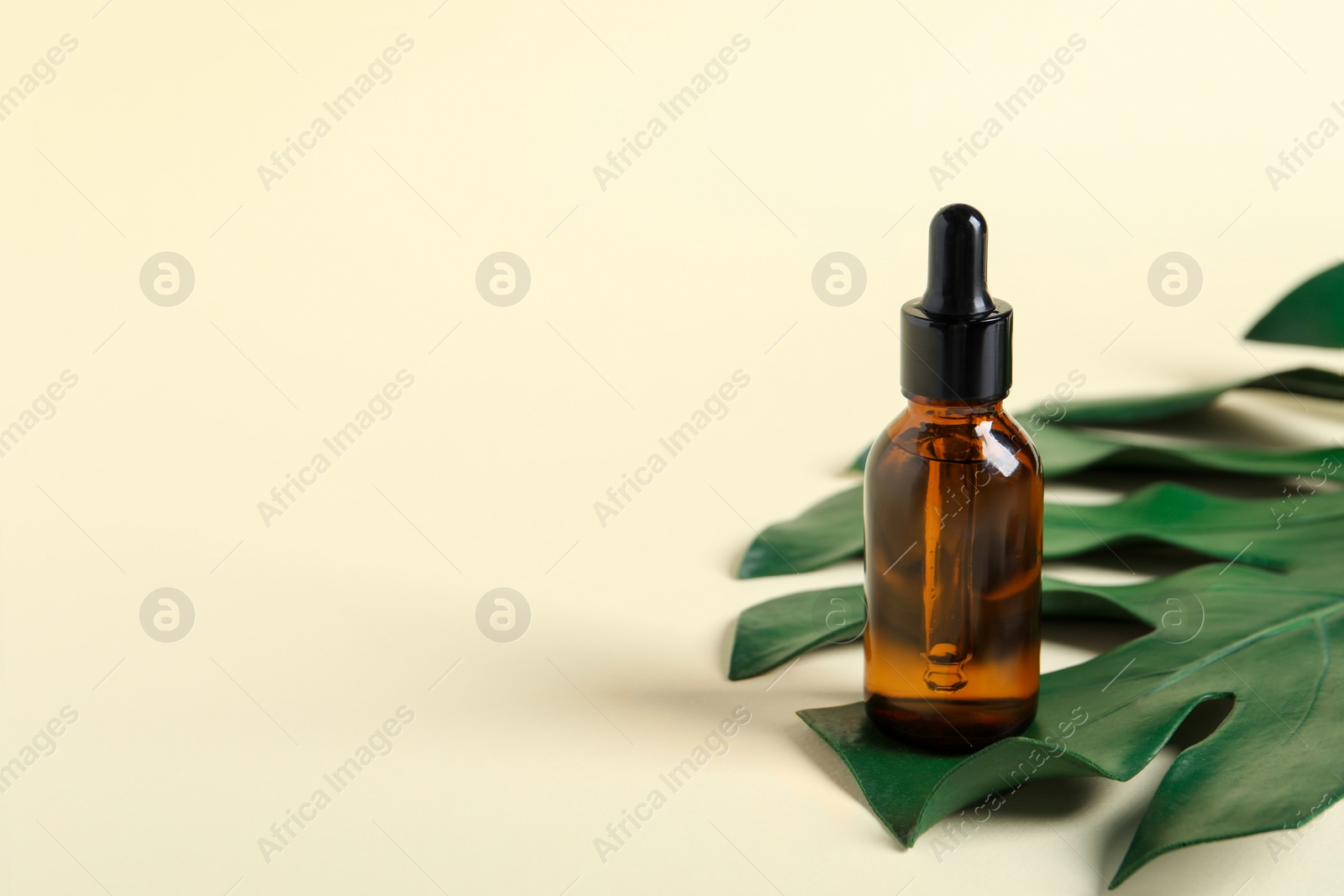 Photo of Bottle with cosmetic oil and green leaf on beige background, closeup. Space for text