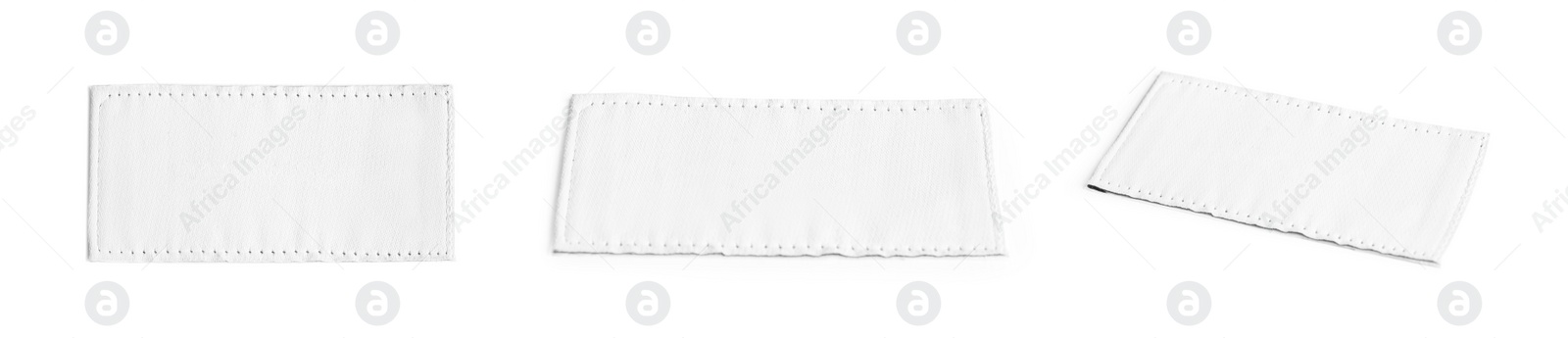 Image of Blank clothing labels on white background, collage. Banner design