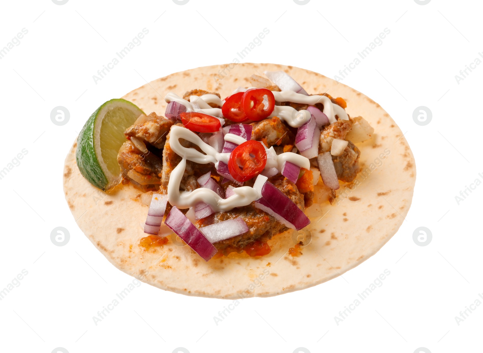 Photo of Delicious taco with vegetables, meat and lime isolated on white
