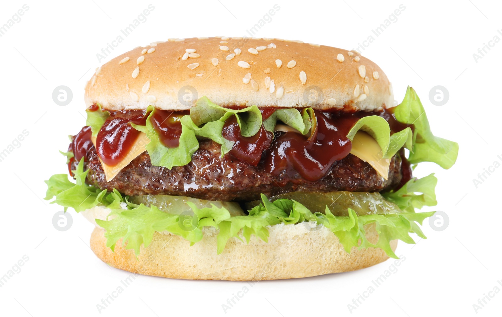 Photo of Burger with delicious patty isolated on white