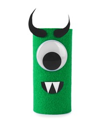 Photo of Monster made of green felt isolated on white. Halloween decoration