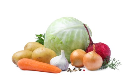 Photo of Ingredients for traditional borscht on white background