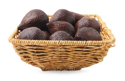 Photo of Delicious salak fruits in wicker basket isolated on white