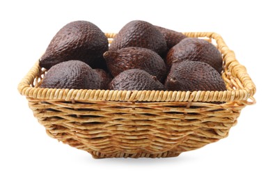 Delicious salak fruits in wicker basket isolated on white