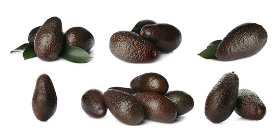 Image of Set of ripe avocados on white background. Banner design