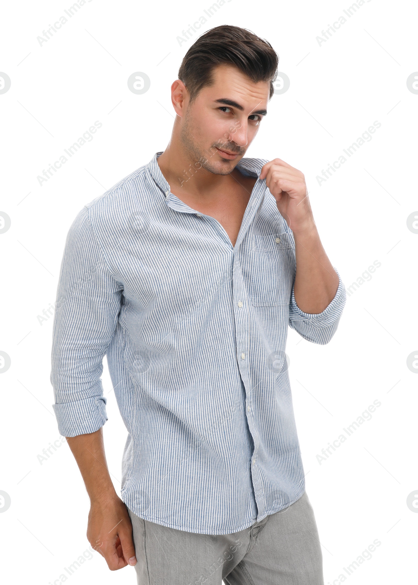 Photo of Portrait of handsome young man on white background