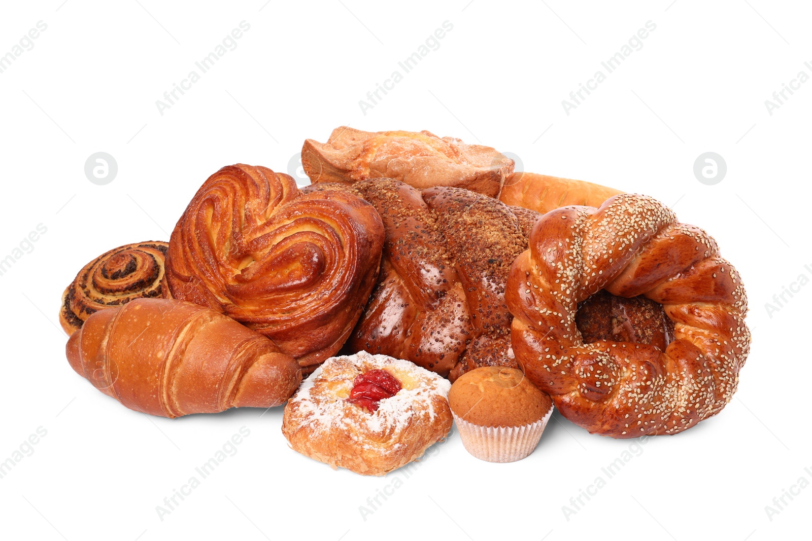 Photo of Many different tasty pastries isolated on white