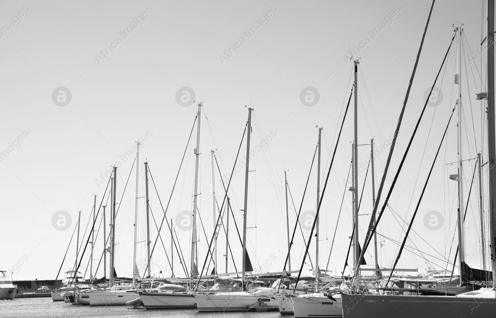 Image of Modern boats near pier. Black and white tone