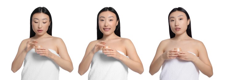 Image of Photos of Asian woman holding jar with body cream on white background, collage design