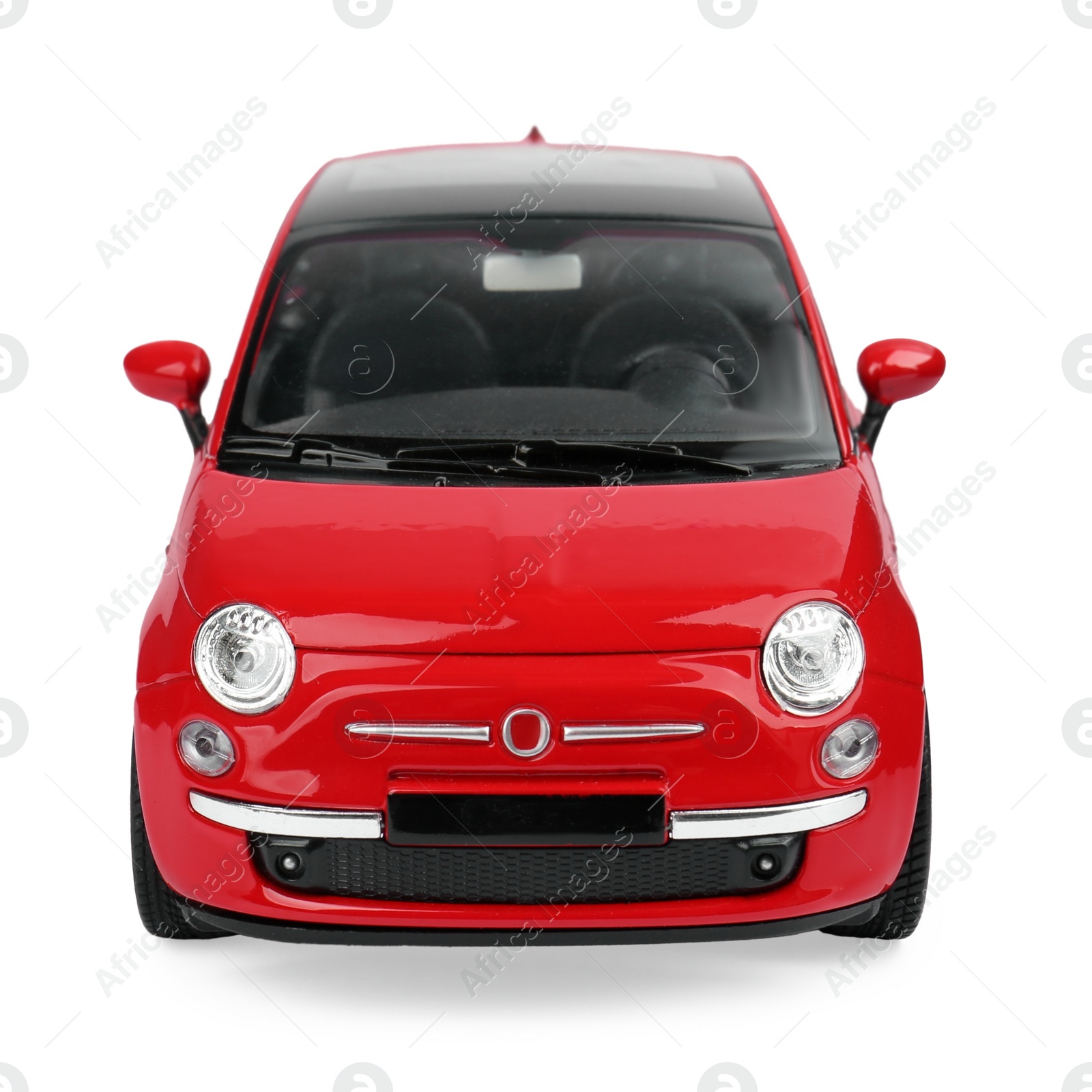 Photo of Red car isolated on white. Children's toy