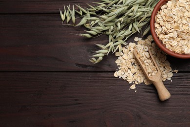 Oatmeal and branches with florets on wooden table, flat lay. Space for text