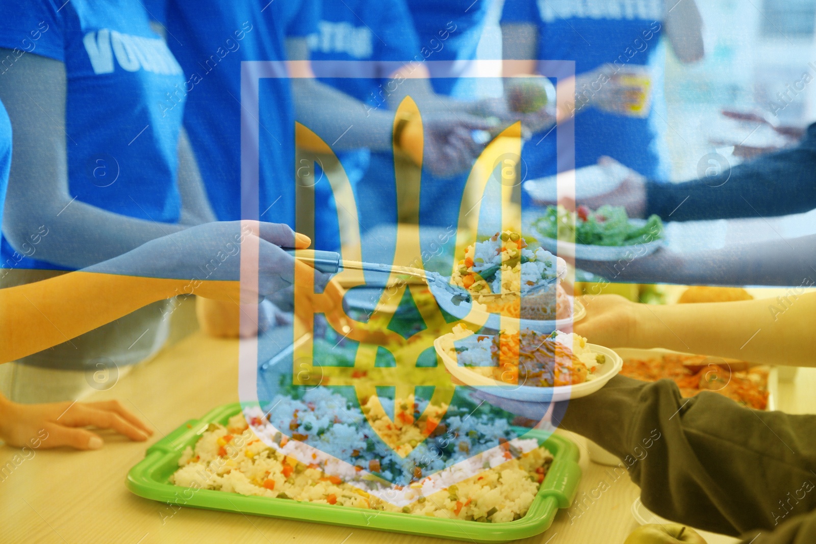 Image of Double exposure of volunteers serving food to refugees and Ukrainian flag, closeup. Help during war