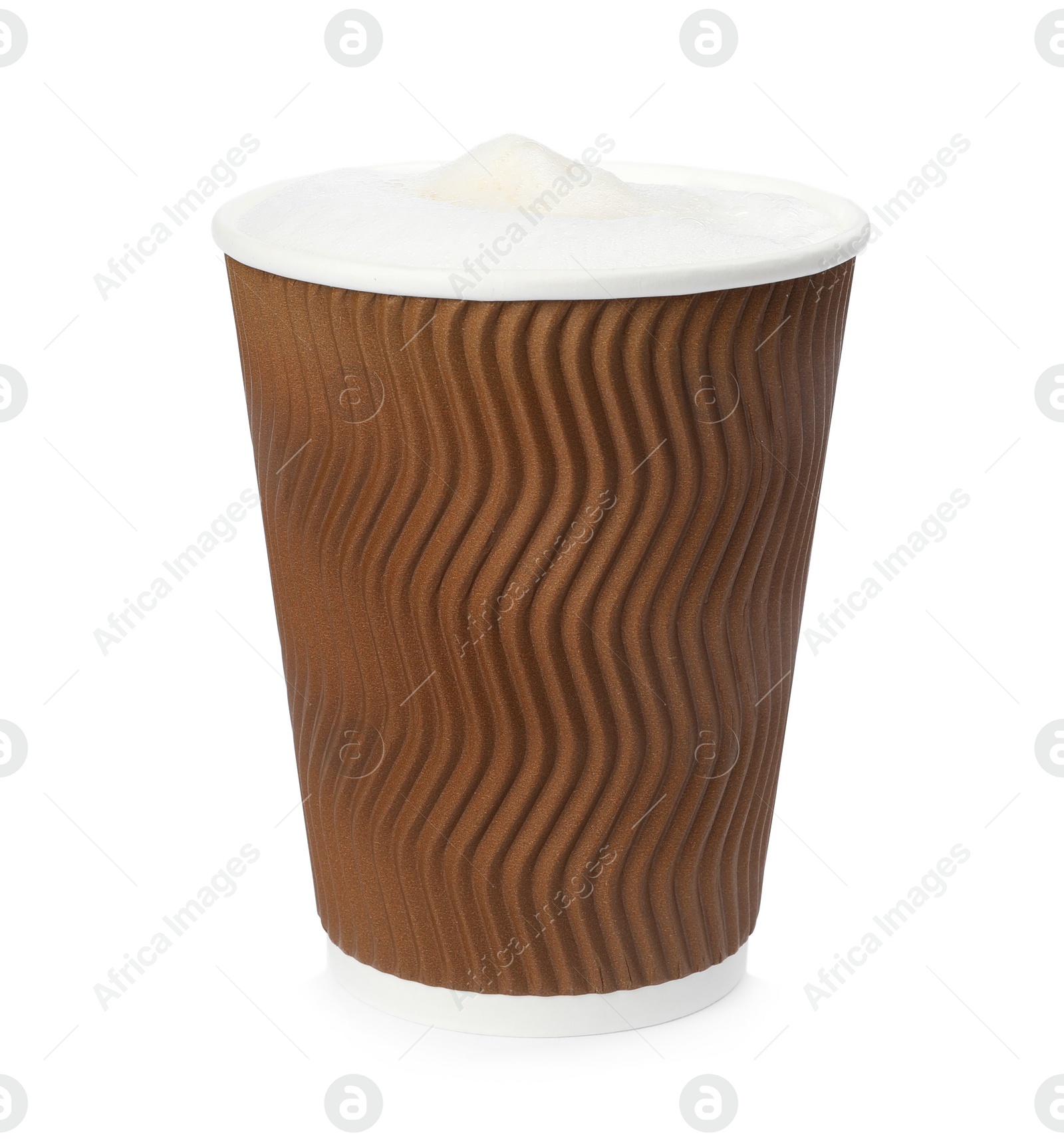 Photo of Hot coffee in takeaway paper cup isolated on white