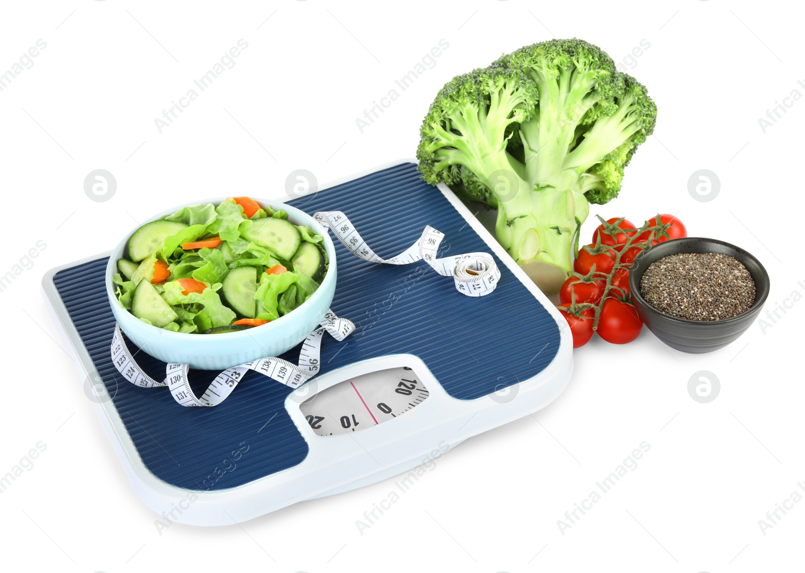 Photo of Weight loss concept. Scales, measuring tape and different products isolated on white