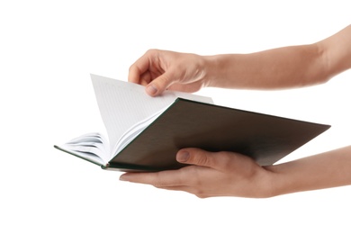 Photo of Woman holding notebook on white background, closeup