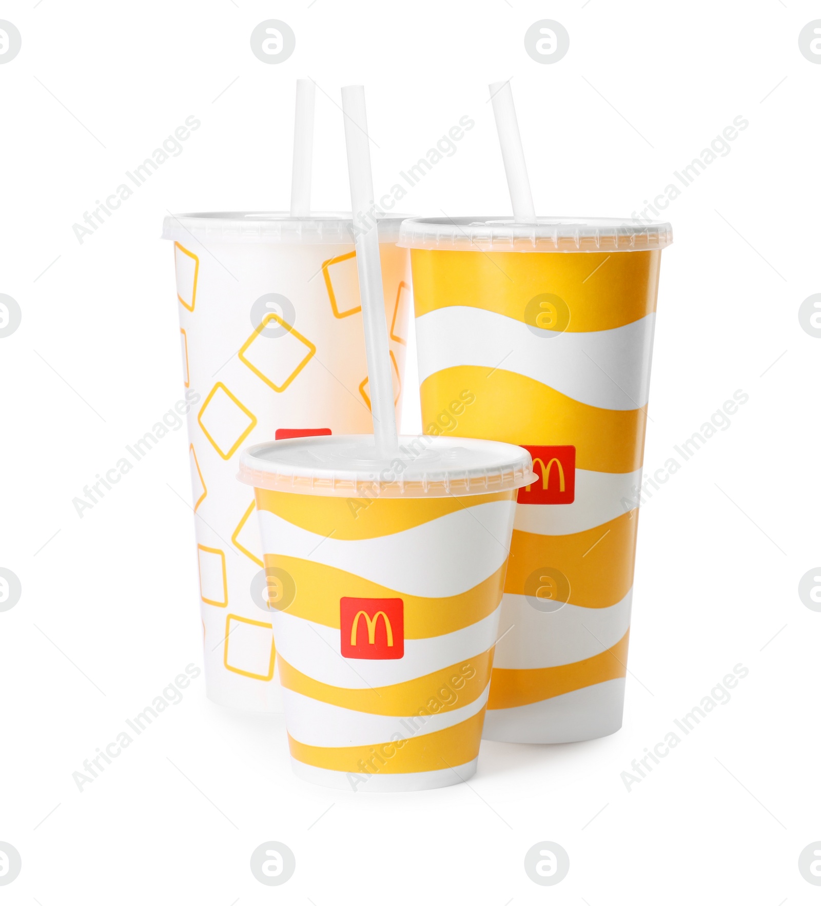 Photo of MYKOLAIV, UKRAINE - AUGUST 11, 2021: Cold McDonald's drinks isolated on white