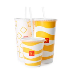 MYKOLAIV, UKRAINE - AUGUST 11, 2021: Cold McDonald's drinks isolated on white