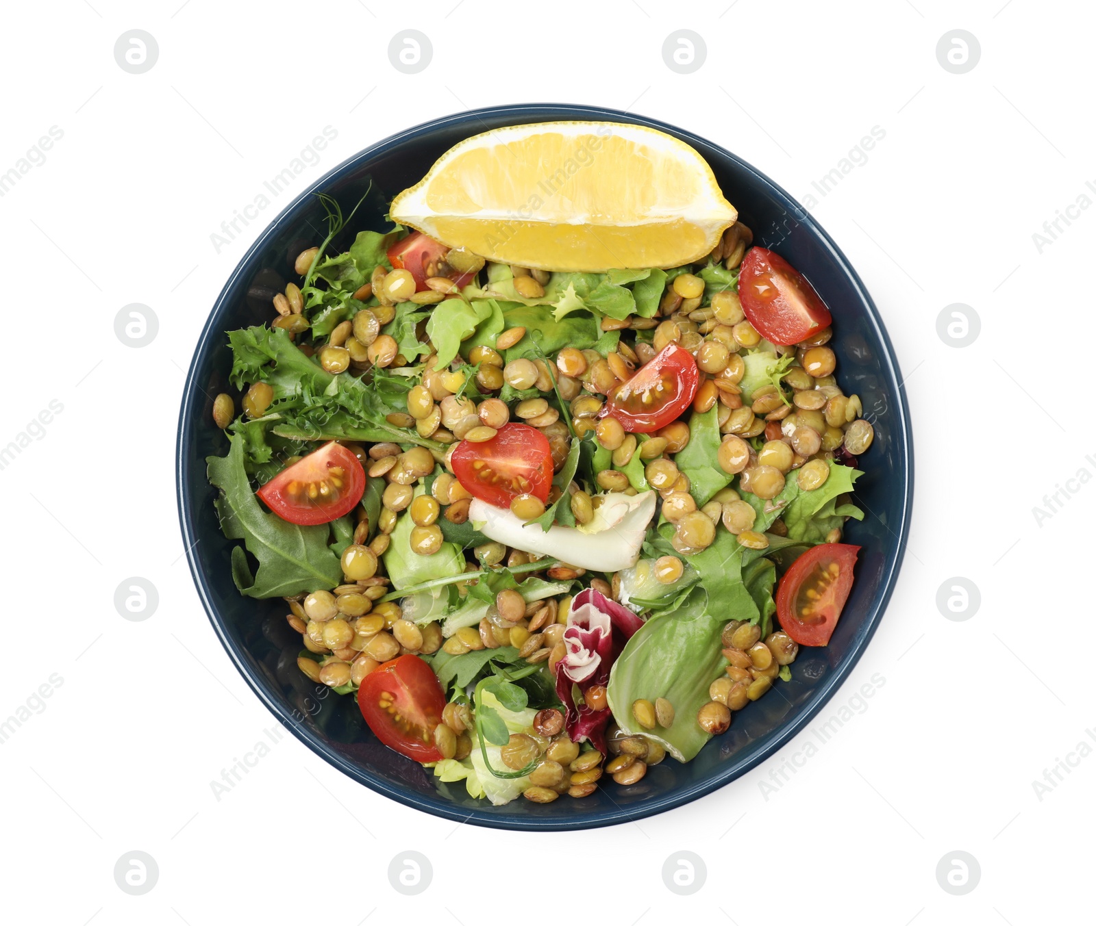 Photo of Bowl of delicious salad with lentils and vegetables isolated on white, top view