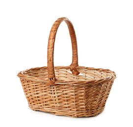 Photo of Empty wicker basket isolated on white. Easter item