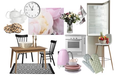 Image of Kitchen interior design. Collage with different combinable furniture and decorative elements on white background